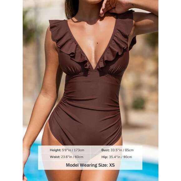 Women's Brown Ruffled One Piece Swimsuit V Neck Lace Up - Picture 7 of 9